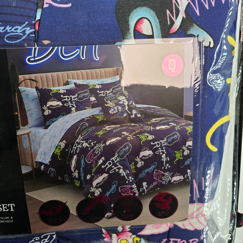 Ed Hardy 8-Piece Queen Reversible Bedding Set Navy Blue Tiger Tattoo Print NEW